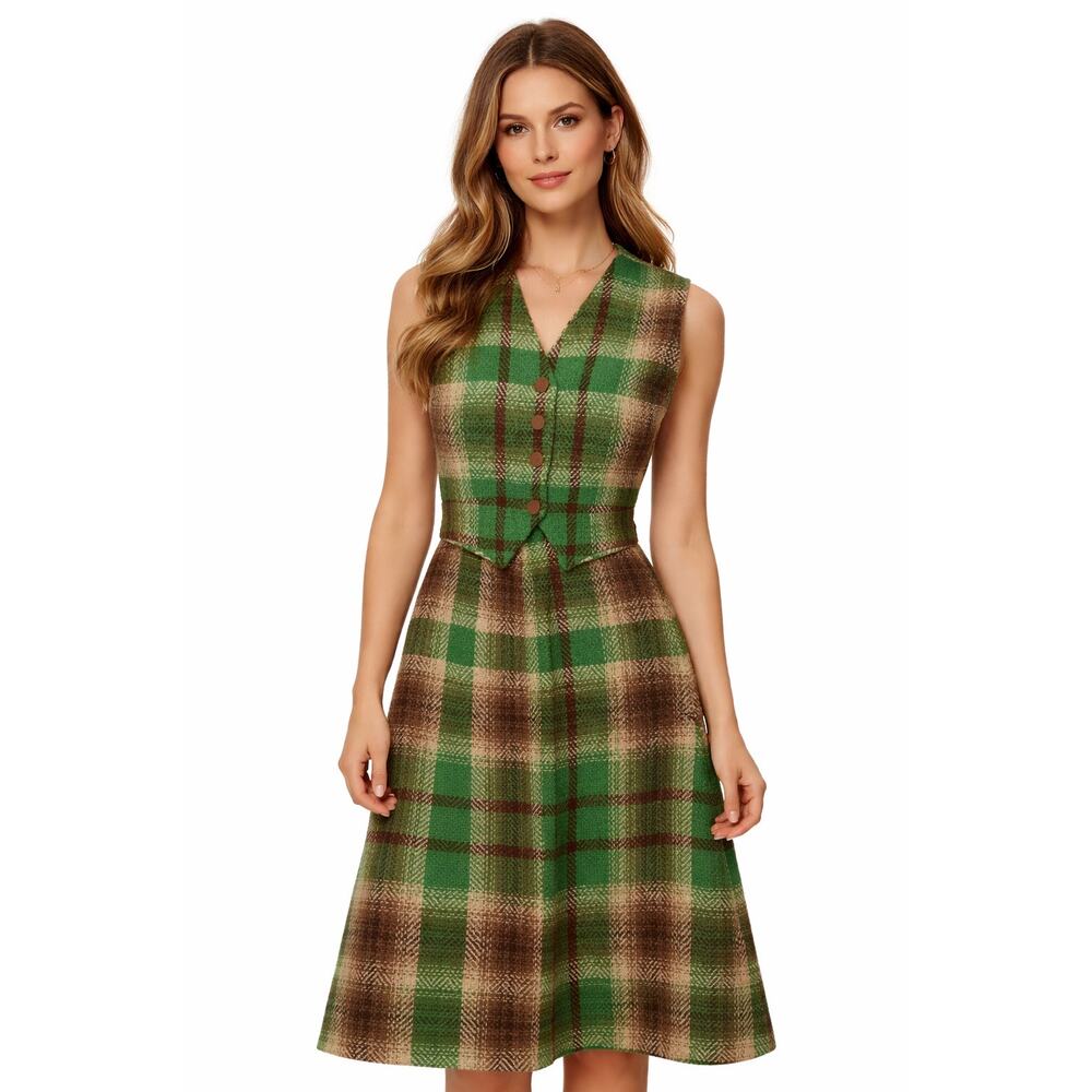 1970s Handmade Green Brown Plaid Skirt & Vest Set XXS